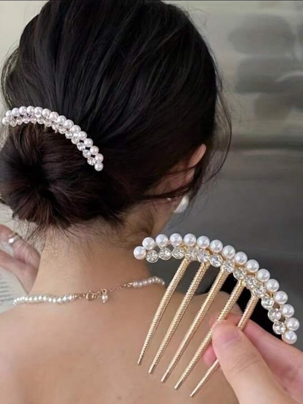 Pearl-Embellished Gold Hair Comb - Elegant White Pearls